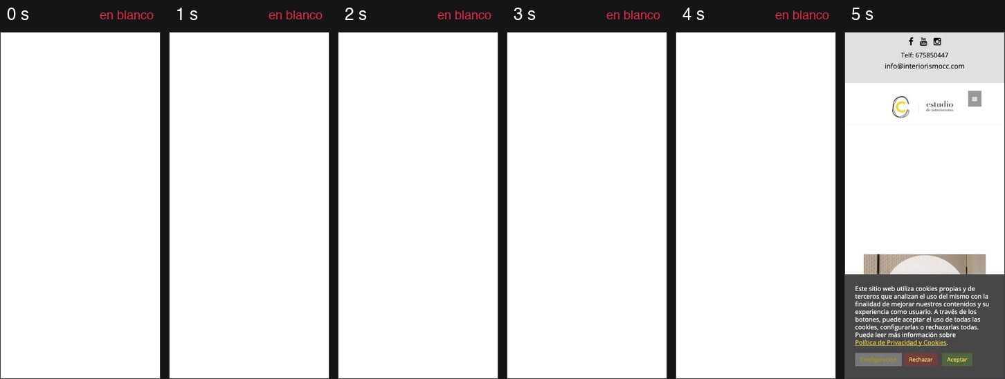Fotogramas de la carga de la web de CC Estudio de Interiorismo en un móvil, segundo a segundo